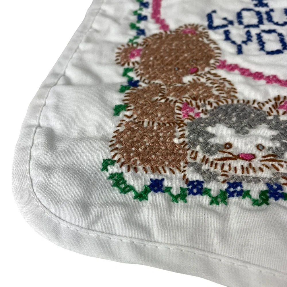 Vintage Handmade Cross Stitch Baby Bib Kitten Bunny Bear I Love You Tie-up Heart